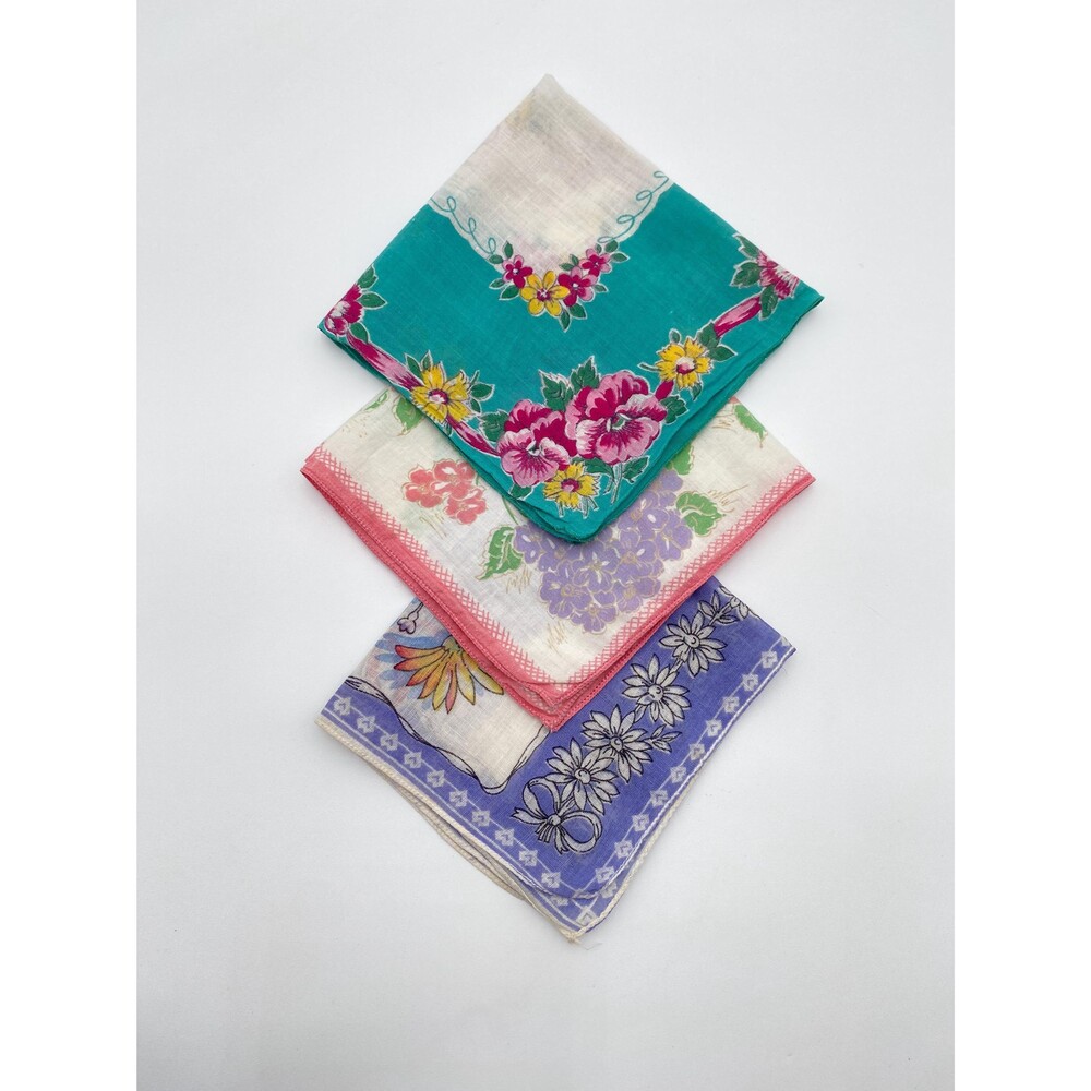 Floral Square Handkerchief 1940s-1960s, 10.5" - 12” Hankies, 3 for 1